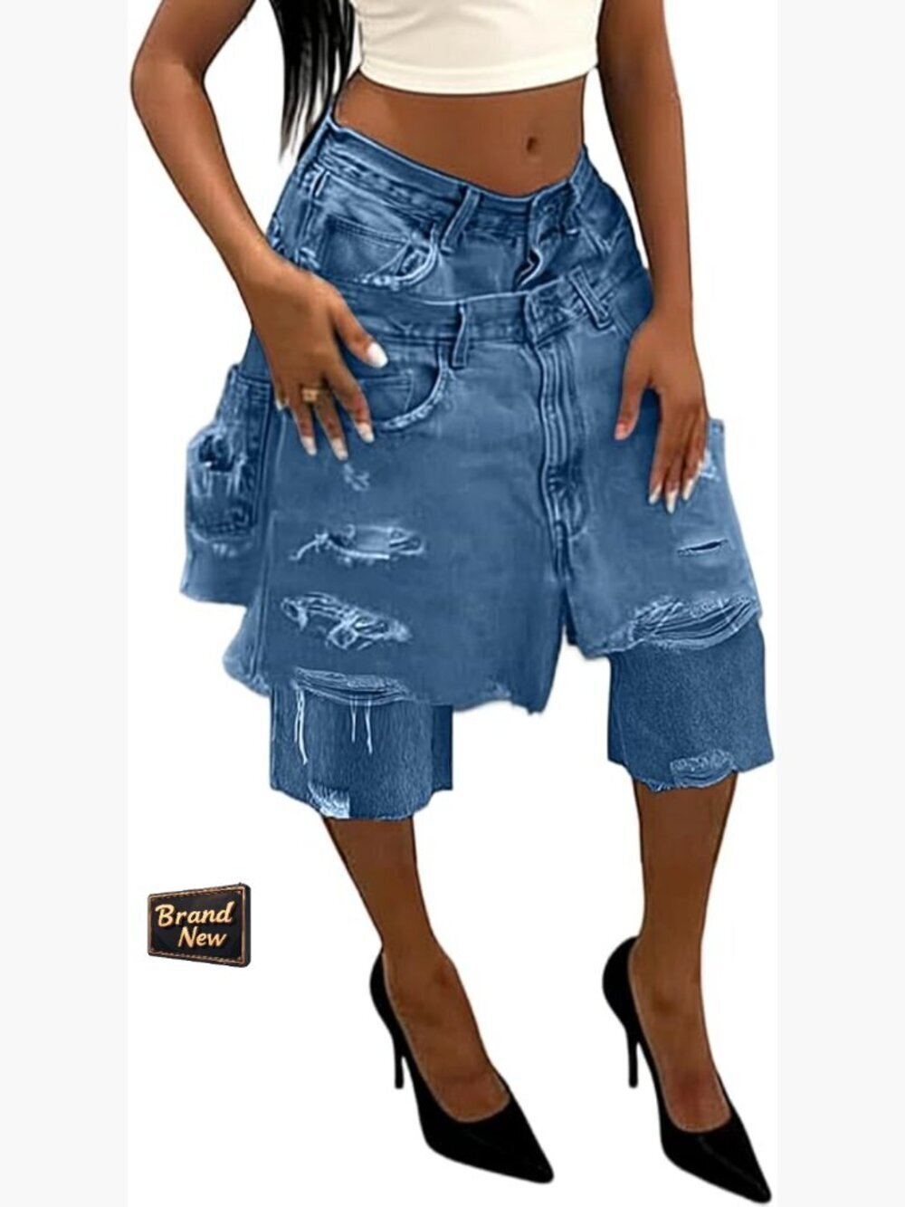 Baggy High Waist Ripped Denim Shorts Y2k Cargo Jorts Wide Leg Bermuda